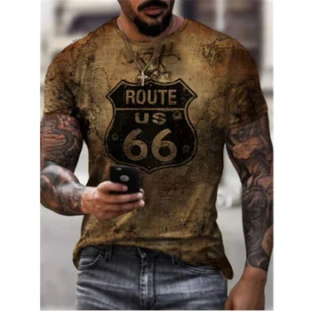 Route 66 American road T-shirt za moške poletne novi kratki rokavi T-shirt vrh O-vratu moške prevelik retro majica s kratkimi rokavi