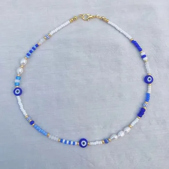 Ročno modre kroglice bele kroglice beaded ogrlica za ženske naravni biser vratu pribor bohemian moda oči kroglice premešamo in ujemanje