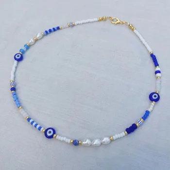 Ročno modre kroglice bele kroglice beaded ogrlica za ženske naravni biser vratu pribor bohemian moda oči kroglice premešamo in ujemanje