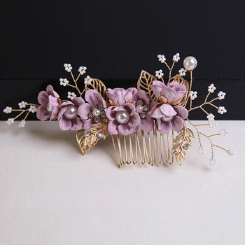 Ročno roza, modra, vijolična cvet pearl lase listov vinske trte kristalno ženske poročne las glavnik za svate