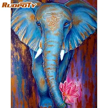 RUOPOTY brez okvirjev Barvanje S Številko Modri Slon Živali, Oljno Sliko S Številko Kompleti Akril Barve Pripravi Na Platno Začetni Wall Art
