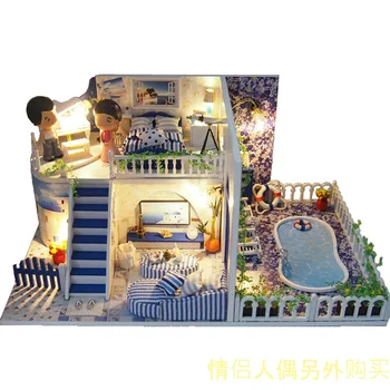 Santorini DIY Lesena Lutka Hiša z LED Ročno Pohištvo Miniaturni Model, Igrače, Pripomočki za Otroke Ustvarjalno Božično Darilo