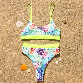 Seksi tiskanja bikini 2020 mujer Bandeau push up ženske kopalke Neon zelena mozaik kopalke Visoko pasu kopalke Plaža obrabe