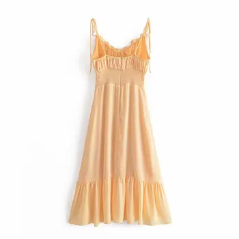 Seksi zanko rumena midi obleka ženske v vratu brez rokavov A-line oblog dolge poletne obleke mujer šifon femme vestidos