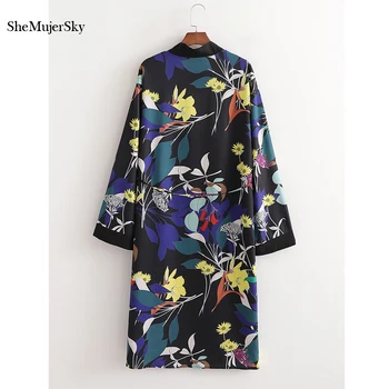 SheMujerSky Pomlad Jesen Ženska Črn Kimono 2021 Dolg Rokav Cvet Tiskanja Dame Cardigan Čipke Bluze