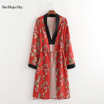 SheMujerSky Pomlad Jesen Ženska Črn Kimono 2021 Dolg Rokav Cvet Tiskanja Dame Cardigan Čipke Bluze