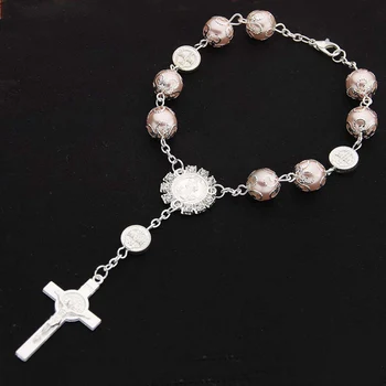 Silver Pearl St. Benedikt Križ Zapestnico Na Krstni Lep Pozdrav Podporo Za Sveto Obhajilo Katoliški Rožni Venec