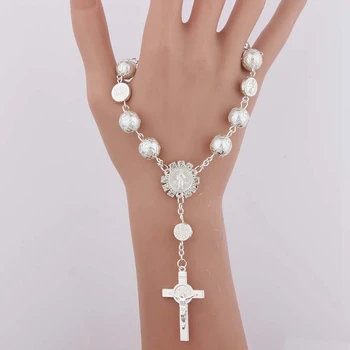 Silver Pearl St. Benedikt Križ Zapestnico Na Krstni Lep Pozdrav Podporo Za Sveto Obhajilo Katoliški Rožni Venec