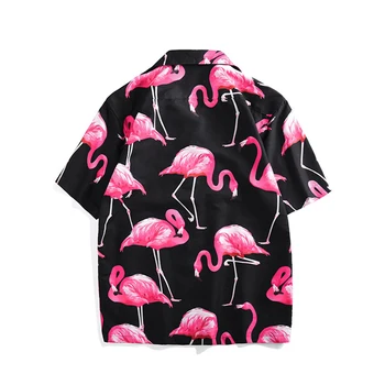 SISHION Herenkleding Poletne Majice za Moške VD1933 Kratek Rokav Digitalnega Tiska, Črna Flamingo Gumb Gor Havajih, Moške Srajce