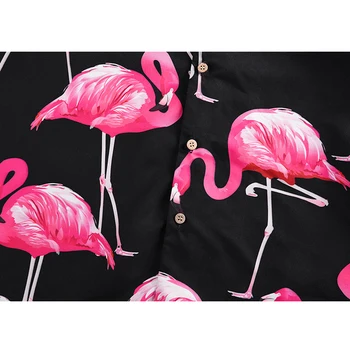 SISHION Herenkleding Poletne Majice za Moške VD1933 Kratek Rokav Digitalnega Tiska, Črna Flamingo Gumb Gor Havajih, Moške Srajce