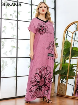 Siskakia Viskoze Print Maxi obleke za Ženske Poletje 2021 Kratek Rokav Svoboden Priložnostne arabska Oblačila, Bombaž Rose Red Rajon