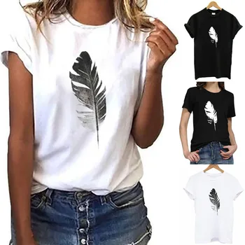 Smešne Ženske T-shirt Listov Tiskanje Harajuku Kratka sleeved O-neck Ženske, Gospe Vrhovi T Shirt Modi Poletje Pero T-shirt Tiskanje #sr