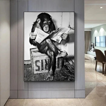 Smešno Opica Prebrati Časopis Plakat in Tiskanje Črno-Bel Slikarstvo Umivalnici, Wc Dekor Živali Wall Art Plakat Sliko