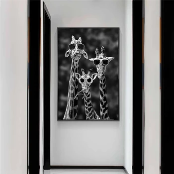 Smešno Žirafa Družino s sončna Očala na Platno Barvanje Črne in Bele Živali, Plakatov in Fotografij Wall Art Slike za Dom Dekor