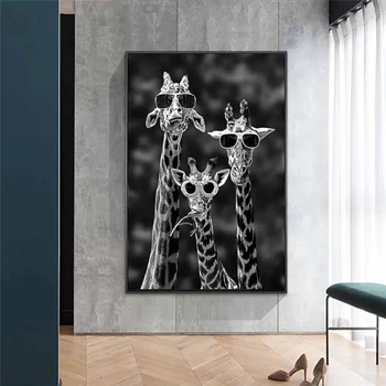 Smešno Žirafa Družino s sončna Očala na Platno Barvanje Črne in Bele Živali, Plakatov in Fotografij Wall Art Slike za Dom Dekor