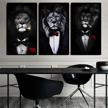 Smešno Živali, Črno Beli Lev V Obleko Platno, Slike, Povzetek Živali, Plakatov In Fotografij Wall Art Slike Za dekoracijo doma