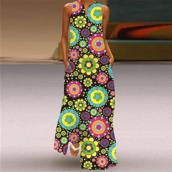 SONČNI Moda Cvet Tiskanja Modra Obleka 2021 Priložnostne 3D Plaže, Dolge Obleke Poletje Ženska brez Rokavov Dekle Plus Velikost Maxi Obleka Ženske