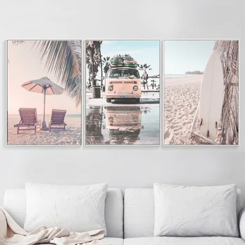 Sončni Plaži Avtobus Surf Palme Wall Art Platno, Slikarsko, Plakati, Tiskanje Nordijska Krajine Stenske Slike Za Estetsko Doma Decora