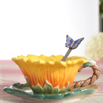Sončnično Teacup in Krožnik serija z Žlico, Tea Party Darilo, Ročno Poslikani Porcelan Tea Cup, Teacup Jedilnico in Dekoracijo Mize