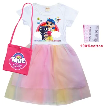 Srčkan Res Mavrica Kraljestvu T Shirt Mavrica Gaza Mrežasto Obleko+torba Otroci Športna Oblačila Baby Dekleta Princesa Obleke Otrok Vestidos