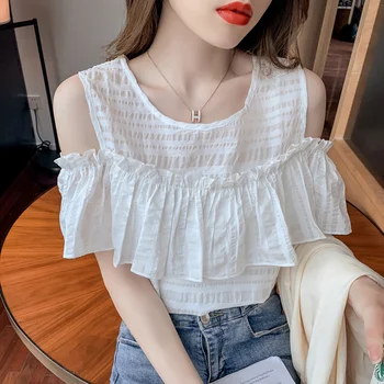 Strpless Bela Šifon Barva korejski Modnih Poletnih ženskih Oblačil Vintage Kratek Rokavi Srajce, Bluze Vrh 2021 Vetement
