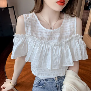 Strpless Bela Šifon Barva korejski Modnih Poletnih ženskih Oblačil Vintage Kratek Rokavi Srajce, Bluze Vrh 2021 Vetement