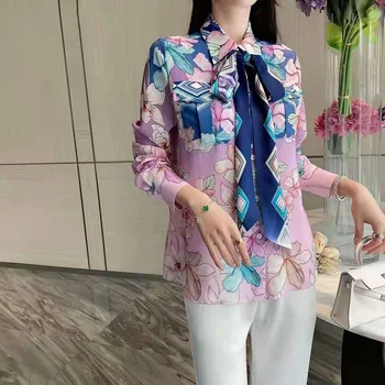 Svila Srajce 2021 Pomlad Poletje Moda Bluze za Ženske Zavoj navzdol Ovratnik Lok Deco Cvjetnim Tiskanja Dolg Rokav Priložnostne Vijolična Majica