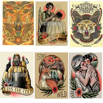 Tattoos Pattern Barber Shop Decoration Vintage Kraft Paper Inkjet Printers Poster Wall Stickers Painting Wallpaper Sticker