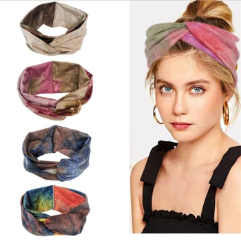 Tie-dye široko hairband Boho slog Evropski in Ameriški navzkrižno glavo vozlane tiskani bombaž elastična headscarf odraslih pokrivala