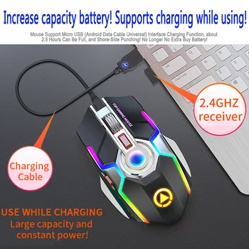 Tiho Polnjenje Gaming Miška Wireless Mouse Darkice RGB Barvna Lučka Nastavljiv Osvetljen Gumb USB 2.4 G Miši Za Prenosni RAČUNALNIK
