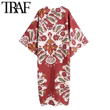 TRAF Ženske Elegantna Moda Natisnjeni Svoboden Posteljnina Midi Dress Vintage tričetrt Rokav Strani Žepi Ženske Obleke Mujer