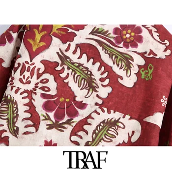 TRAF Ženske Elegantna Moda Natisnjeni Svoboden Posteljnina Midi Dress Vintage tričetrt Rokav Strani Žepi Ženske Obleke Mujer