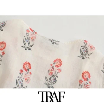 TRAF Ženske Elegantna Moda Pol Prosojna Cvjetnim Tiskanja Midi Dress Vintage tričetrt Rokav Gumb-up Ženske Obleke Mujer