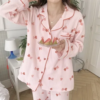 Tujec Kitty Femme Udobno Sladko, Mehko Poletje Tanke Natisnjeni Srca 2021 Elegantna Svoboden Bombaž Sleepwear Domov Nosijo Pižamo Obleke