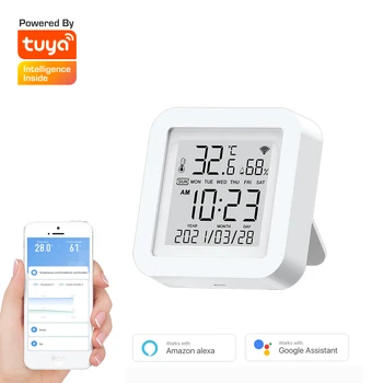 Tuya WIFI Temperatura Vlažnost Senzor Zaprtih Higrometer LCD Zaslon Z Datumom In Pametna Ura Podporo za Google Alexa