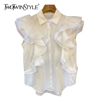 TWOTWINSTYLE Mozaik Ruffle Trdno Žensko Bluzo River Kratek Rokav Priložnostne Elegantna Majica Za Ženske Modni Nove Obleke Poletje