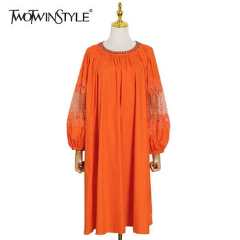 TWOTWINSTYLE Svoboden Mozaik Čipke Obleko Za Ženske O Vratu Dolg Rokav Priložnostne Minimalističen Obleke Ženska Moda Nova Oblačila 2021
