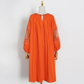 TWOTWINSTYLE Svoboden Mozaik Čipke Obleko Za Ženske O Vratu Dolg Rokav Priložnostne Minimalističen Obleke Ženska Moda Nova Oblačila 2021
