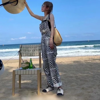 TWOTWINSTYLE Zebra Vzorec Denim Obleke Za Ženske Kvadratnih Ovratnik brez Rokavov Visoko Pasu, Ohlapne Hlače Ženske 2021 Modni Slog