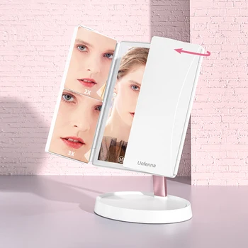 Uofenna LED Ogledalo Ličila Svetlobe 3 Zložljiva Povečevalno Nečimrnosti Ogledalo Kozmetika 1X/2X/3X povečave za celoten zaslon na Dotik Tabela Namizno Svetilko