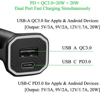 USB C Avto Adapter za Polnilnik 38W PD QC 3.0 20 W Avto Tip-C telefon Polnilec za Hitro Polnjenje Združljiv S katero Koli Mobilni Telefon Apple