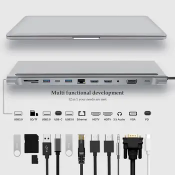 USB C VOZLIŠČE 12-V-1 Tip-C Dongle Adapterja (4K Dvojno HDMI je združljiv) Razširitvene Postaje z SD/TF Kartice Bralnik za operacijski sistem Windows Knjiga