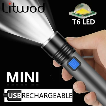 USB Polnilne LED Svetilka Z T6 LED vgrajeni 1200mAh litijeva baterija Nepremočljiva kamp svetlobe Zoomable Baklo