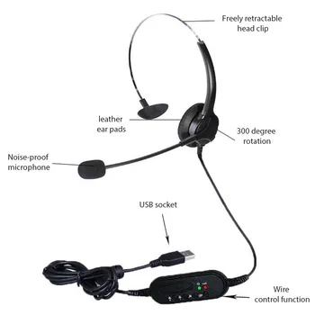 USB Slušalke Enostranske Udobno Žične Slušalke s 360 Stopinj Rotacija, Mikrofon