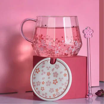 Ustvarjalne diamond češnjev cvet vzorec stekla pokal roza luštna ženska mešanjem paličast ročaj kritje skodelico kave ins neto rdeče LB62919