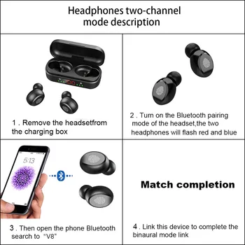V8 TWS Brezžična tehnologija Bluetooth 5.0 Slušalke Slušalke Slušalke 9D Bas Stereo Nepremočljiva Čepkov Slušalke z Mikrofonom in Polnjenje Box