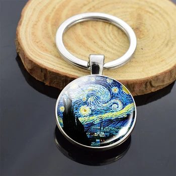 Van Goghovih Sončnic Umetnosti Dvojno Keychain Stekla Chrysoprase Nakit Obesek Zvezdnato Noč Sončnično Umetnosti Key Ring Dodatki