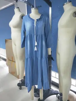 Vestidos boho hipi šik modra 3/4 rokav v vratu tassel robom ruffle ohlapno obleko maxi 2021 plus velikost ženske oblačila 3xl