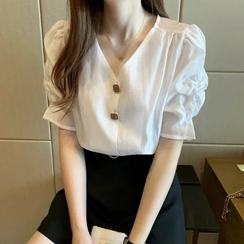 Vijolična Bela Majica Ženske Bluze Korejski Lady Gumb V Vratu Slim Ženska Vrhovi Priložnostne Urad Majica Kratek Rokav Blusas Mujer De Moda