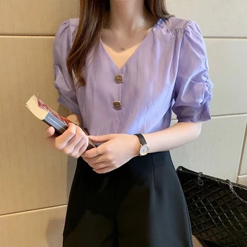 Vijolična Bela Majica Ženske Bluze Korejski Lady Gumb V Vratu Slim Ženska Vrhovi Priložnostne Urad Majica Kratek Rokav Blusas Mujer De Moda
